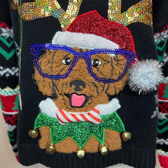 33 Degrees Christmas Sweater Sz XS Brown Dog Graphic Ugly Sequins Jingle - Picture 14 of 14